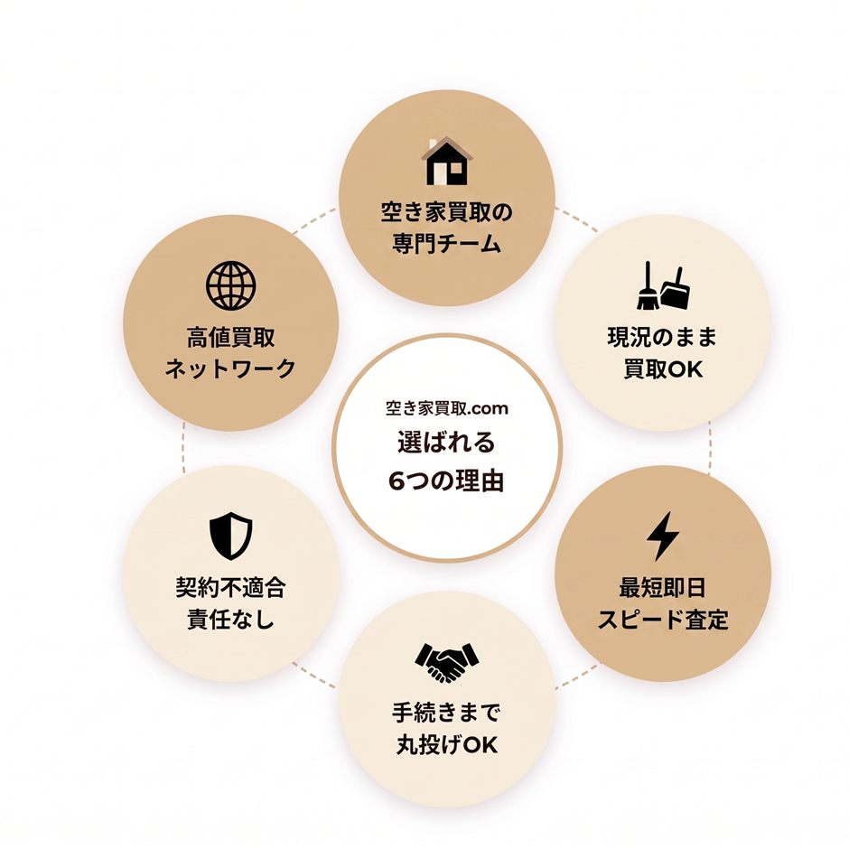 空き家買取.comが選ばれる6つの理由: 空き家買取の専門チーム・現況のまま買取OK・最短即日スピード査定・手続きまで丸投げOK・契約不適合責任なし・高値買取ネットワーク